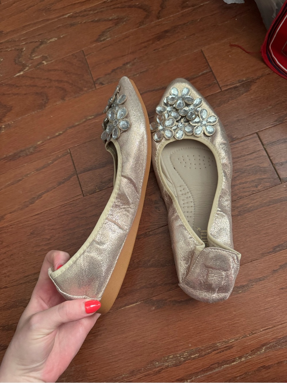 Embellished Rose Gold Pointed Toe Ballet Flats - Picture 2 of 2